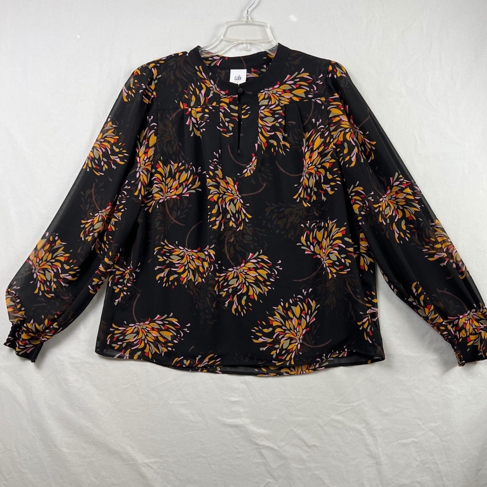 Cabi Blouse Women L Black Floral Sheer Sleeve Keyhole Lined Chiffon Top